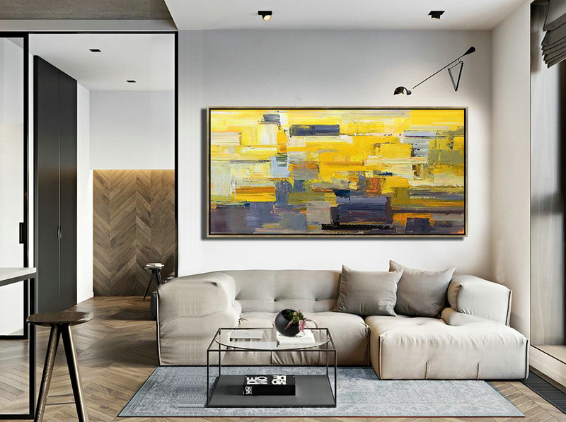 Handmade Painting Large Abstract Art,Horizontal Palette Knife Contemporary Art Panoramic Canvas Painting,Large Contemporary Painting,Yellow,Grey,Brown,White.etc